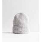 Pale Grey Ribbed Knit Tab Front Beanie