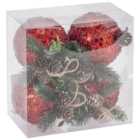 Set of 4 Red Glitter Baubles With Floristry - Red