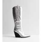 Public Desire Silver Flared Block Heel Cowboy Boots