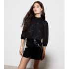Black Sequin Stand Neck Puff Sleeve Top