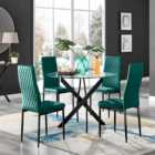 Furniturebox Novara 4 Seater Green Velvet Round Dining Table and Chairs Set