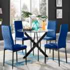 Furniturebox Novara 4 Seater Navy Blue Velvet Round Dining Table and Chairs Set
