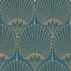 Grandeco Art Deco Nile Palm Blue and Gold Textured Wallpaper