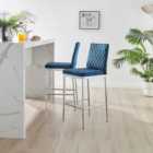 Furniturebox Milan Navy Blue and Silver Velvet Bar Stool Set of 2