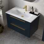 Deccado Berwick 2 Drawer Vanity 800Mm With Ceramic Basin And Brushed Brass Handles - Midnight Blue