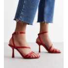 Red Leather-Look Strappy Stiletto Heel Sandals