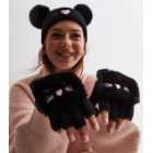 Girls Black Cat Bobble Hat and Fingerless Gloves Set