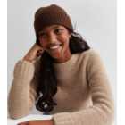 Girls Dark Brown Ribbed Knit Tab Front Beanie