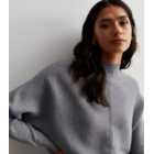 Grey Ribbed Batwing Stand Neck Jumper