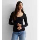 Black Ribbed Lace Trim Long Sleeve Top
