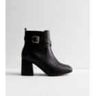 Extra Wide Fit Black Leather-Look Buckle Block Heel Boots