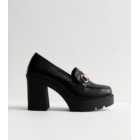 Black Leather-Look Chunky Block Heel Loafers
