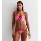 Pink Heart Print Embroidered Bow Detail Thong