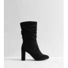 Black Suedette Stretch Ruched Calf Block Heel Boots