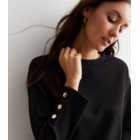 Black Ribbed Knit Button Cuff Top