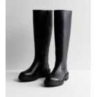 Extra Calf Fit Black Leather-Look Chunky Knee High Boots