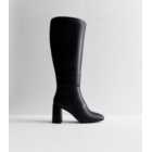 Extra Calf Fit Black Leather-Look Block Heel Knee High Boots