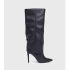 London Rebel Black Leather-Look Knee High Stiletto Heel Boots