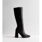 Public Desire Black Leather-Look Block Heel Knee High Boots