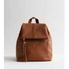 Tan Leather-Look Flap Backpack