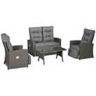 Outsunny 4 Seat Rattan Furniture Set w/ Reclining Back, Grey
