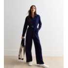 Navy Belted Wide Leg Utility Jumpsuit