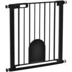 PawHut Black 75-82cm Stair Pressure Fit Pet Safety Gate with Small Cat Flap