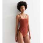 Tall Rust Textured Square Neck Ruched Swimsuit
