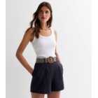 Navy Cotton Belted Shorts