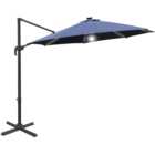 Outsunny Blue Solar LED Rotating Cantilever Roma Parasol with Cross Base 3m