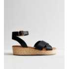 Black Leather-Look 2 Part Flatform Espadrille Sandals