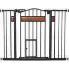 PawHut Black 74-105cm Pine and Metal Pet Safety Gate with Cat Door