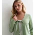 Petite Light Green Ribbed Tie Front Cardigan