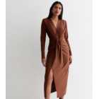Dark Brown Plunge Long Sleeve Bodycon Midi Dress