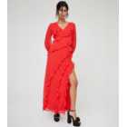 WKNDGIRL Red Long Sleeve Ruffle Split Hem Maxi Dress