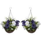GreenBrokers Artificial Dark Purple and White Petunias Round Rattan Hanging Plant Baskets 2 Pack