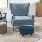 HOMCOM Footstool Ottoman Footrest Linen Fabric Upholstery With Plastic Legs Blue