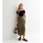 Khaki Linen Blend High Waist Split Front Midi Skirt