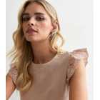Petite Light Brown Cotton Broderie Frill Sleeve Top