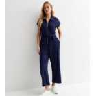 Navy Ribbed Zip Up Jumpsuit