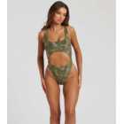 South Beach Green Leaf Print Cut Out High Leg Swimsuit