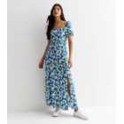 Blue Floral Puff Sleeve Split Hem Maxi Dress