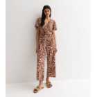 Brown Abstract Print Wrap Belted Wide Leg Jumpsuit