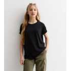Girls Black Cotton Relaxed Fit T-Shirt