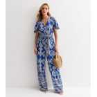 Gini London Blue Abstract Print Flutter Sleeve Jumpsuit