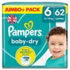 Pampers Baby-Dry Nappies, Size 6 (13-18kg) Jumbo+ Pack 62 per pack