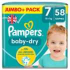Pampers Baby-Dry Nappies, Size 7 (15kg+) Jumbo+ Pack 58 per pack