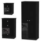 Ready Assembled Tedesca Wardrobe, Chest of Drawers and Bedside Cabinet Set - Black