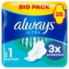 Always Ultra Normal (Size 1) Sanitary Towels Wings 26 pads 2 x 13 per pack